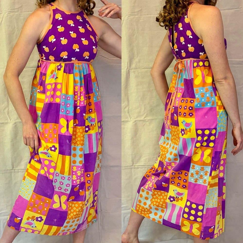 Vtg 60s Purple Orange Cotton Apple Floral Patchwork Maxi Dress Jennifer Dale S
